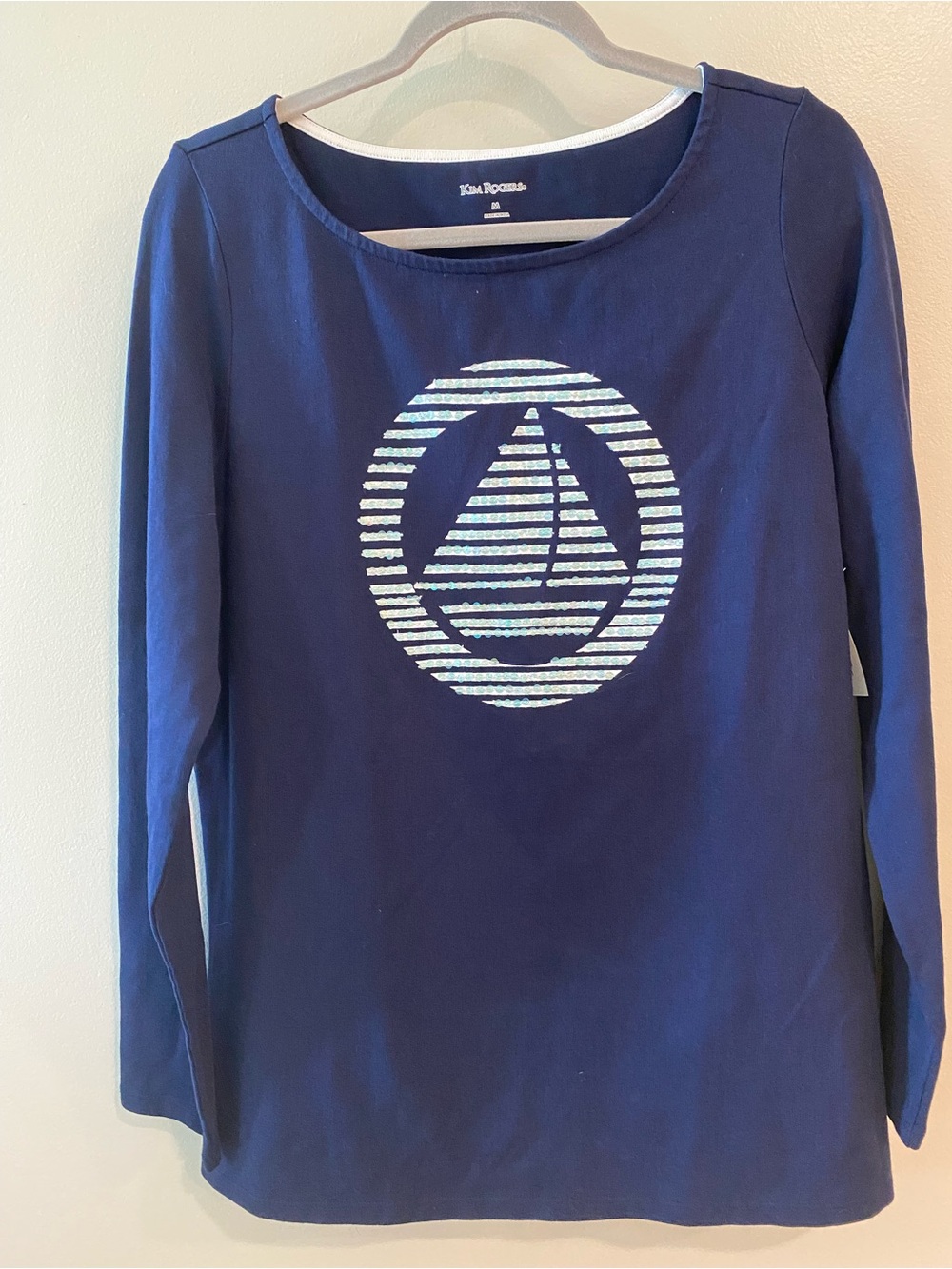 Kim Rogers Navy Long-Sleeve Tunic Tee with Striped Sail Graphic Medium
